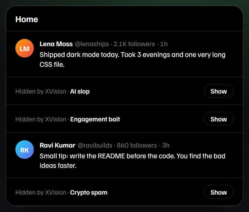 X timeline where XVision has collapsed posts labelled AI slop, Engagement bait and Crypto spam, each with a Show button